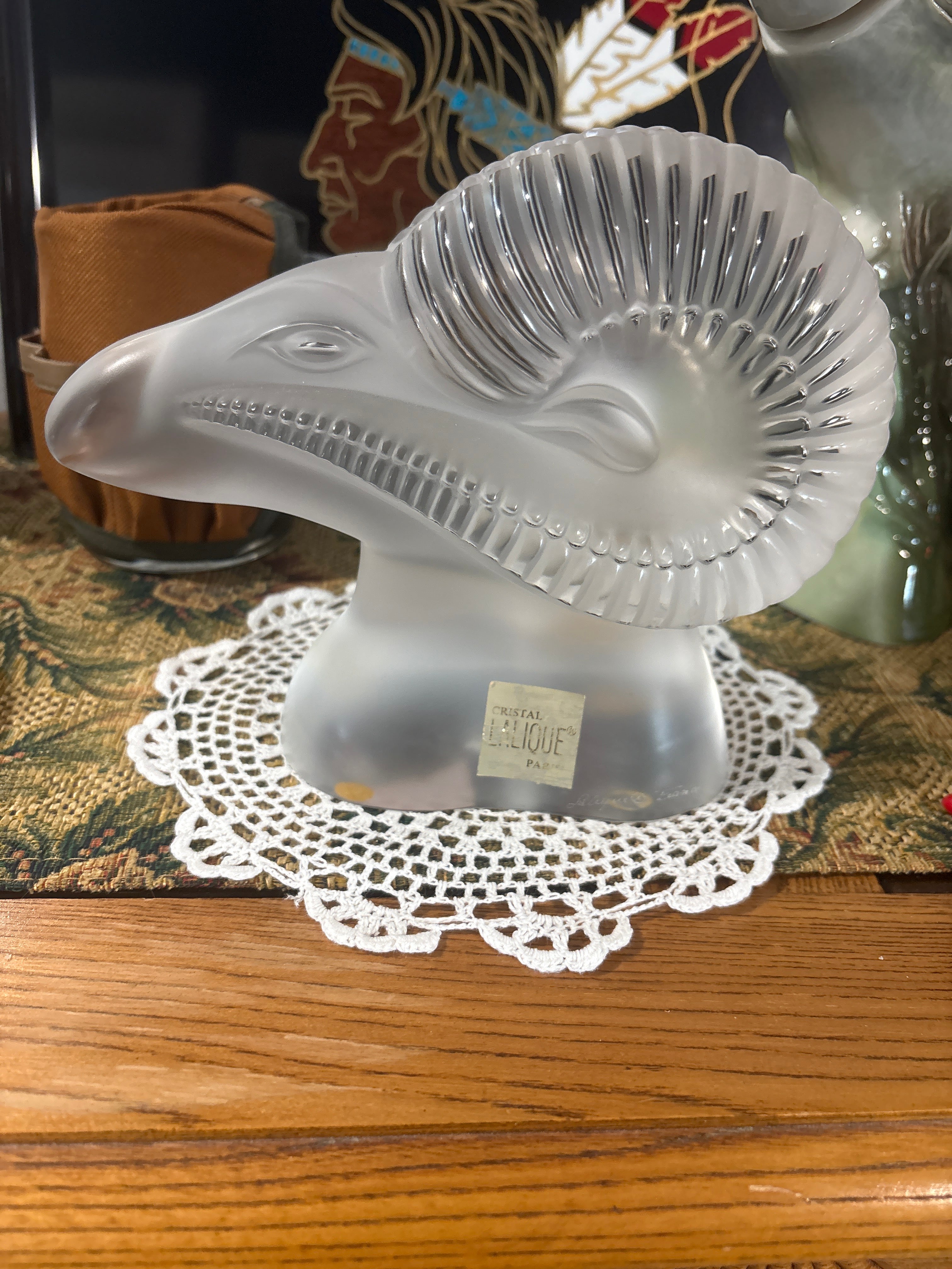 BEAUTIFULLY SCULPTED LALIQUE FRANCE FROSTED CRYSTAL RAM SCULPTURE - BIG HORNS