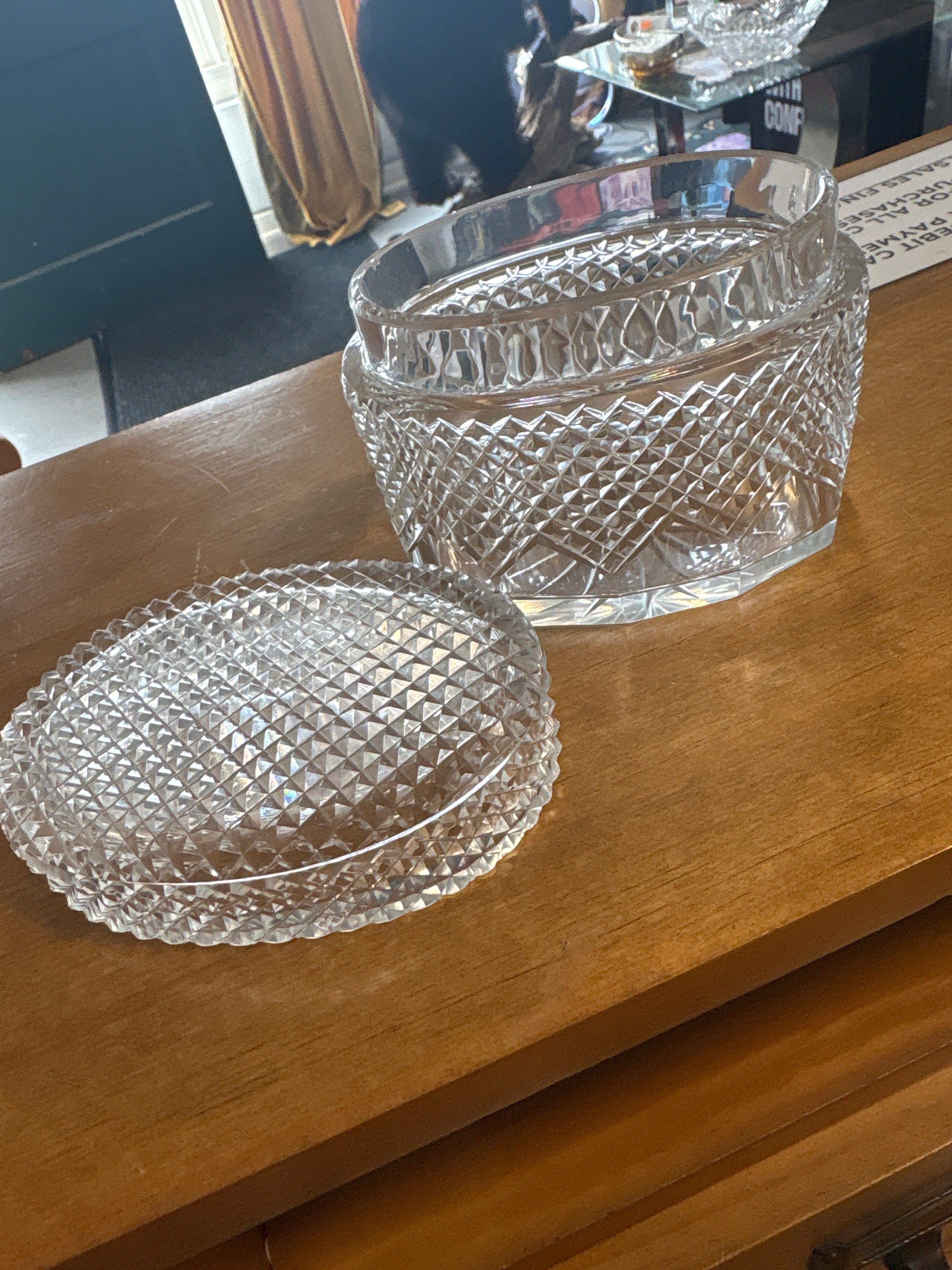 Diamond Point Crystal Oval Jar w/ lid