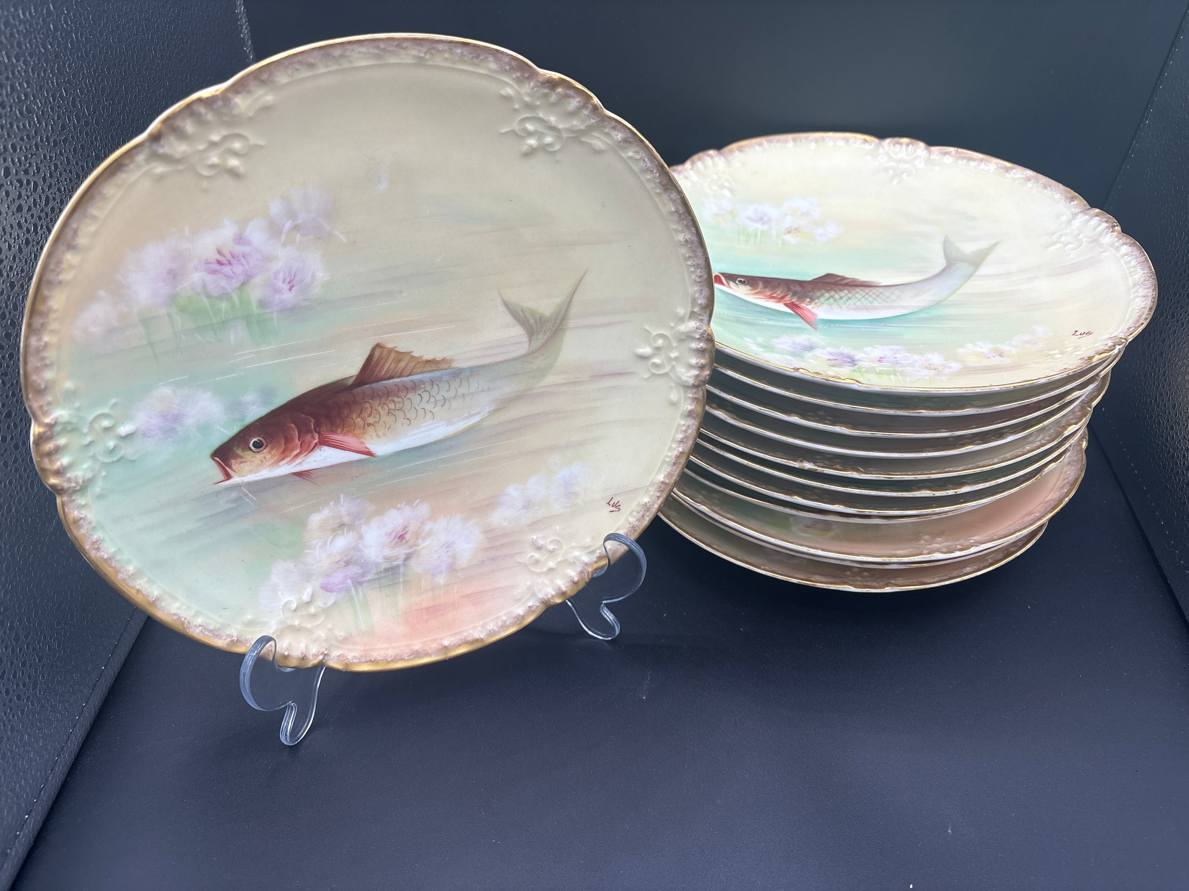 Hand Painted Fish Plate Set 12pc