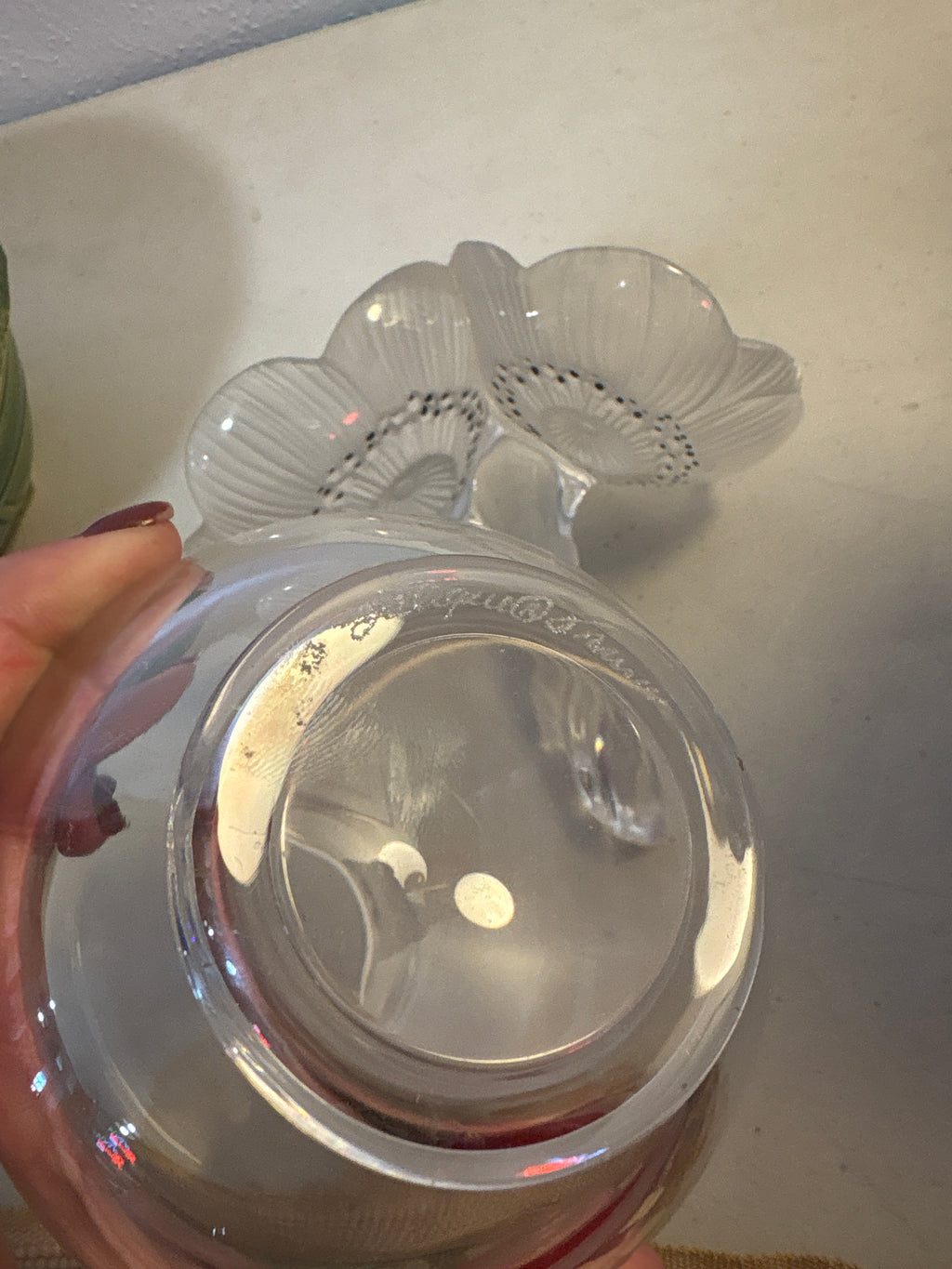Lalique Signed Crystal Deux Anemone Perfume Bottle