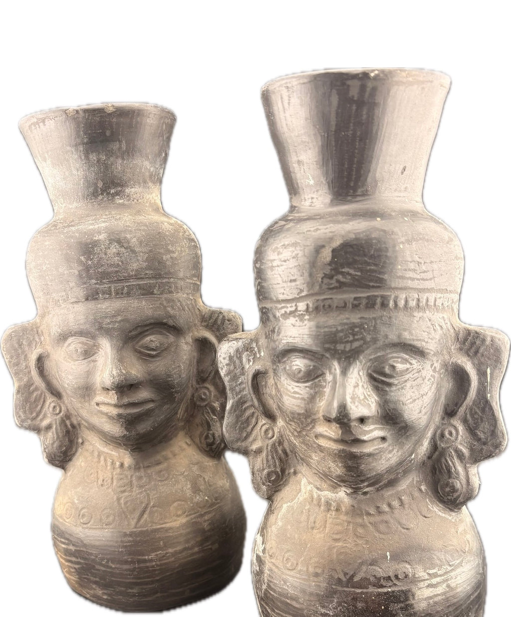 2pc Black Ceramic Head Vase Set - Primitive Tribal Style Pottery - Figural Decor