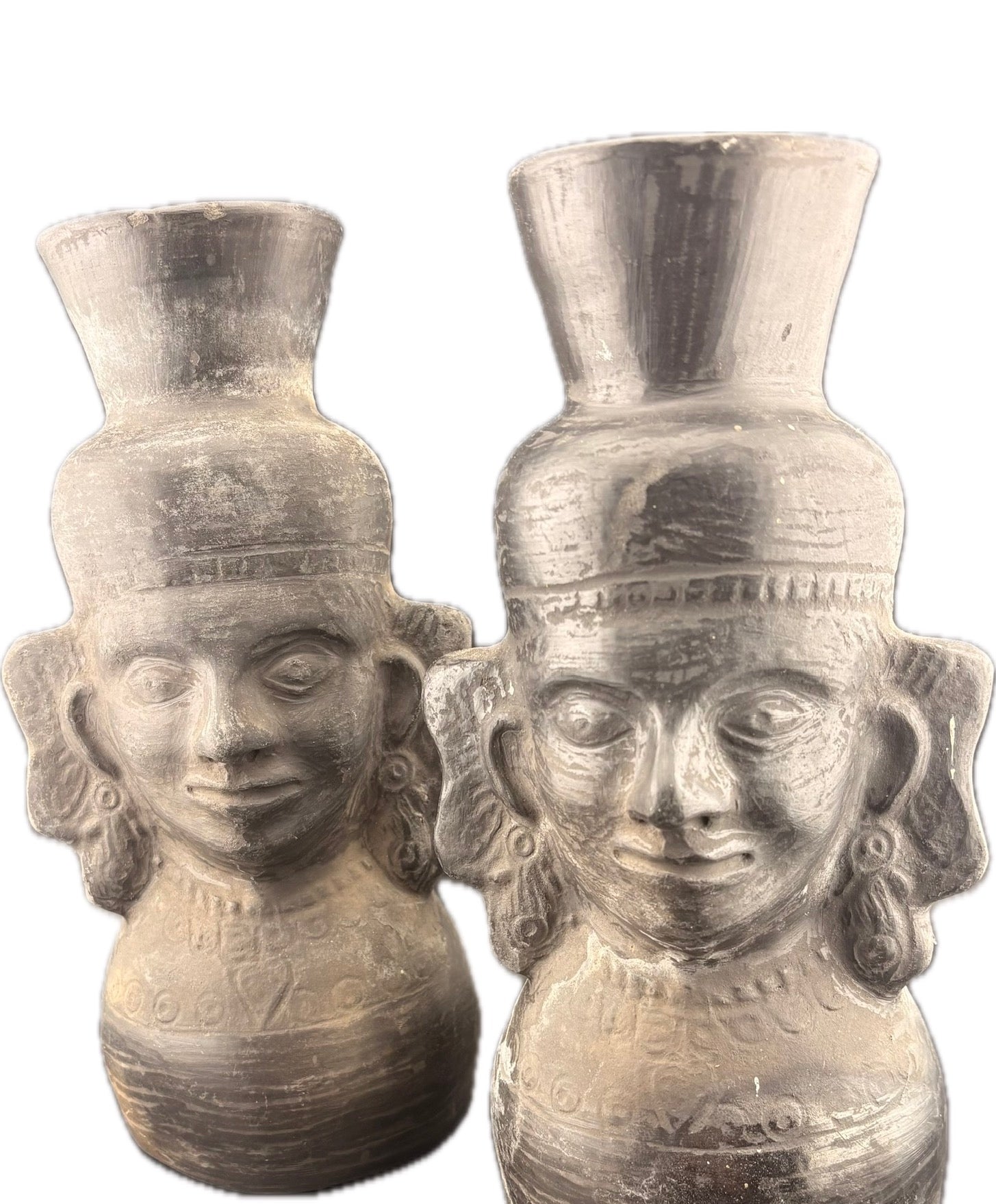 2pc Black Ceramic Head Vase Set - Primitive Tribal Style Pottery - Figural Decor