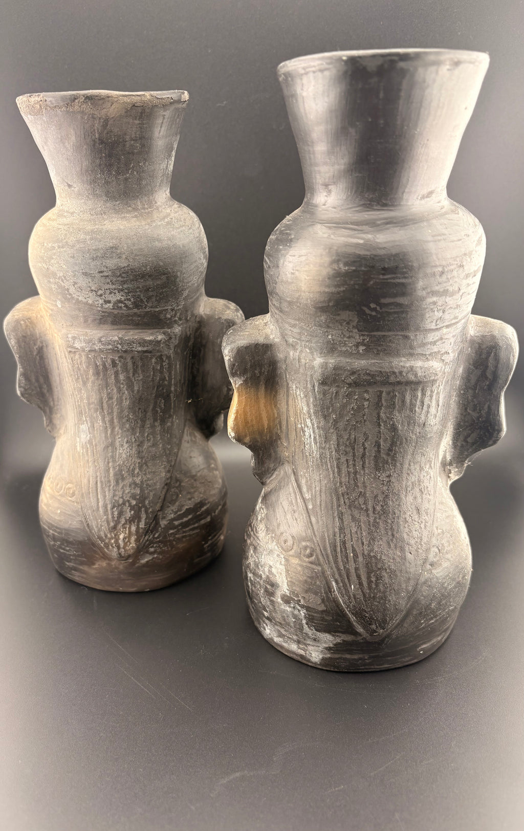 2pc Black Ceramic Head Vase Set - Primitive Tribal Style Pottery - Figural Decor