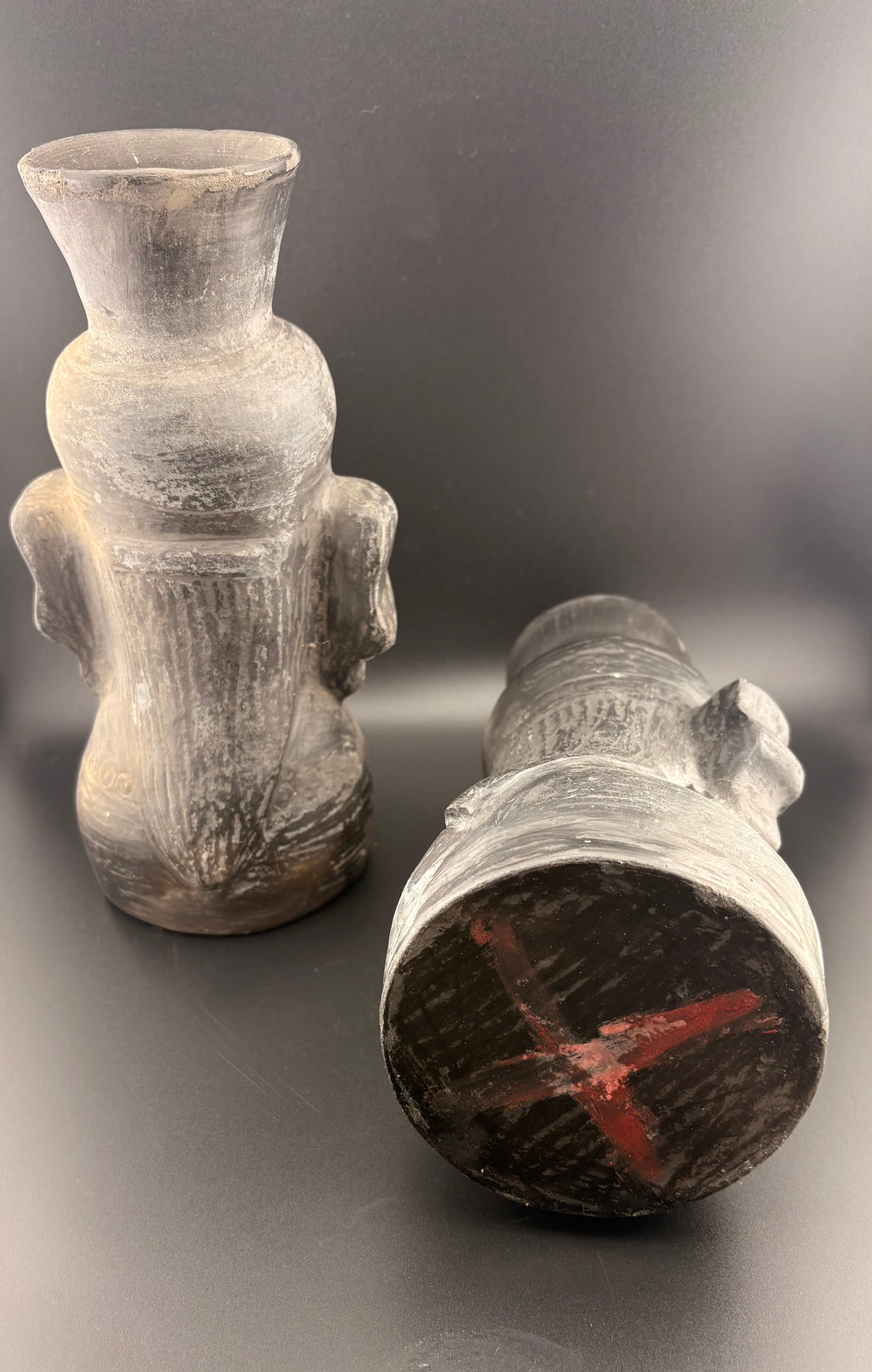 2pc Black Ceramic Head Vase Set - Primitive Tribal Style Pottery - Figural Decor