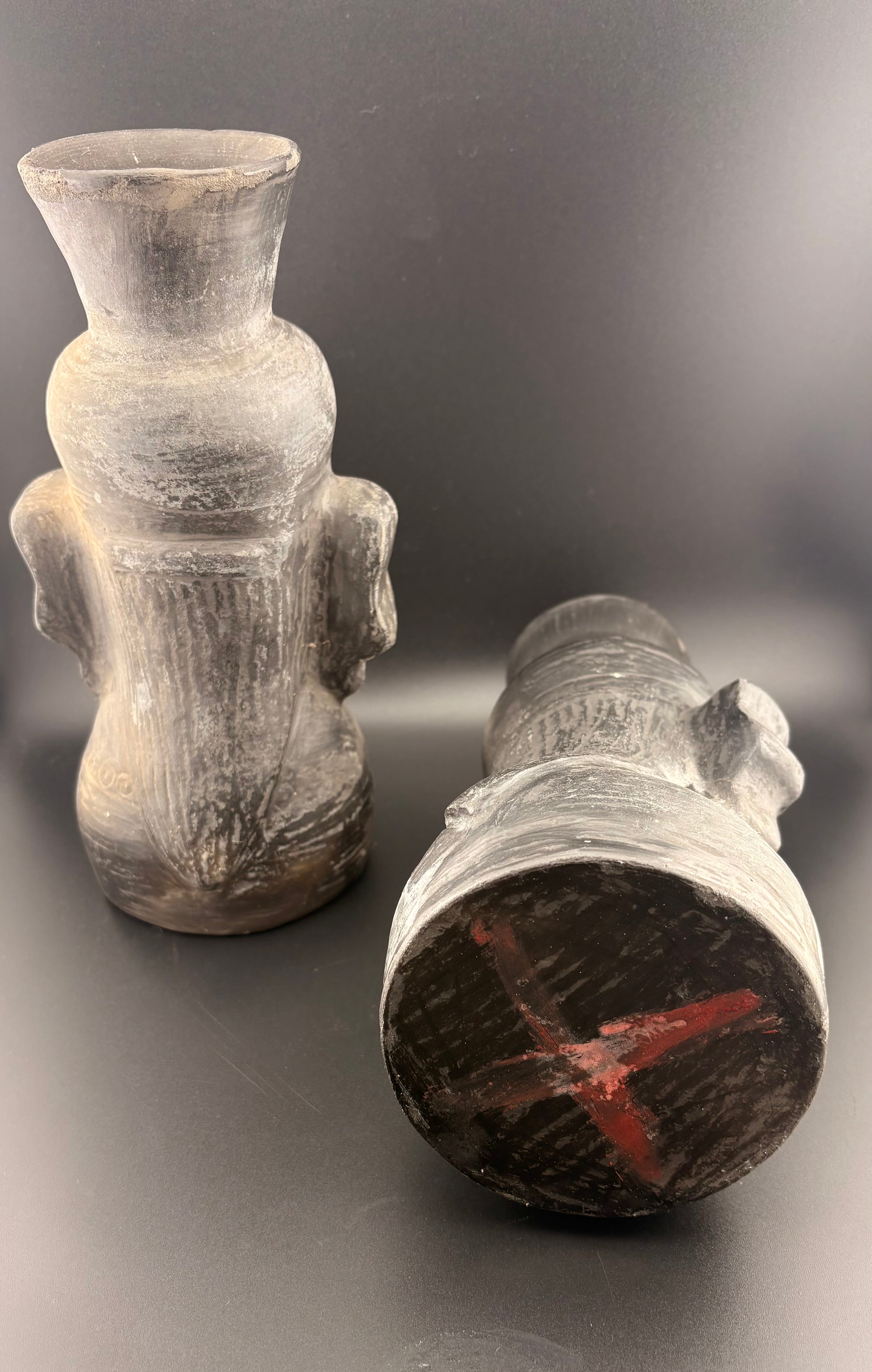 2pc Black Ceramic Head Vase Set - Primitive Tribal Style Pottery - Figural Decor