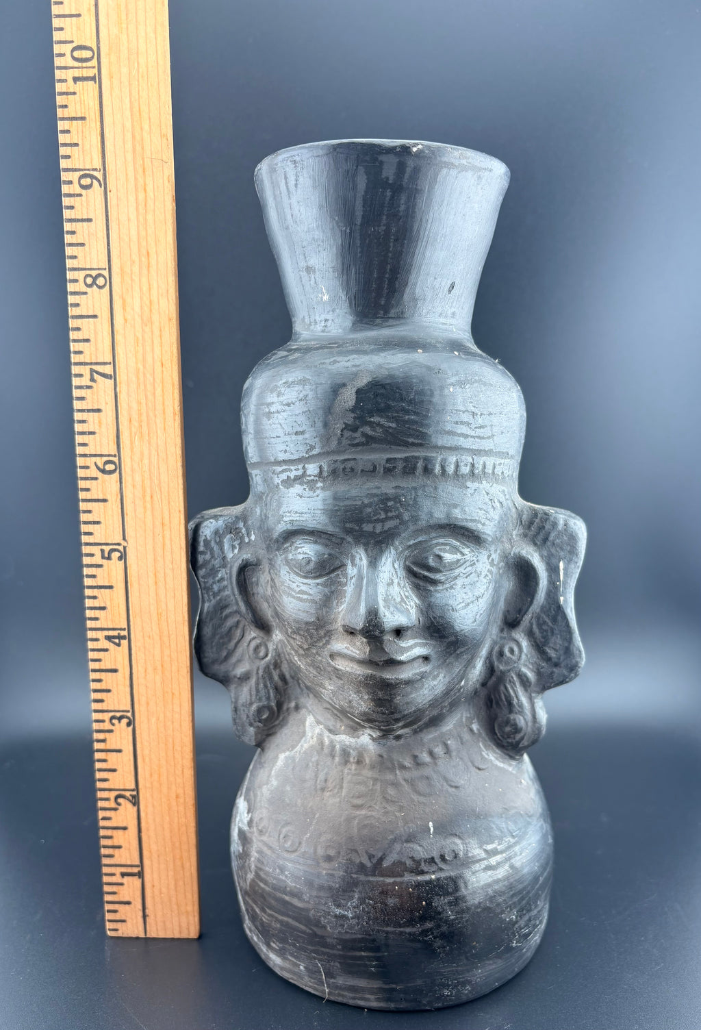 2pc Black Ceramic Head Vase Set - Primitive Tribal Style Pottery - Figural Decor