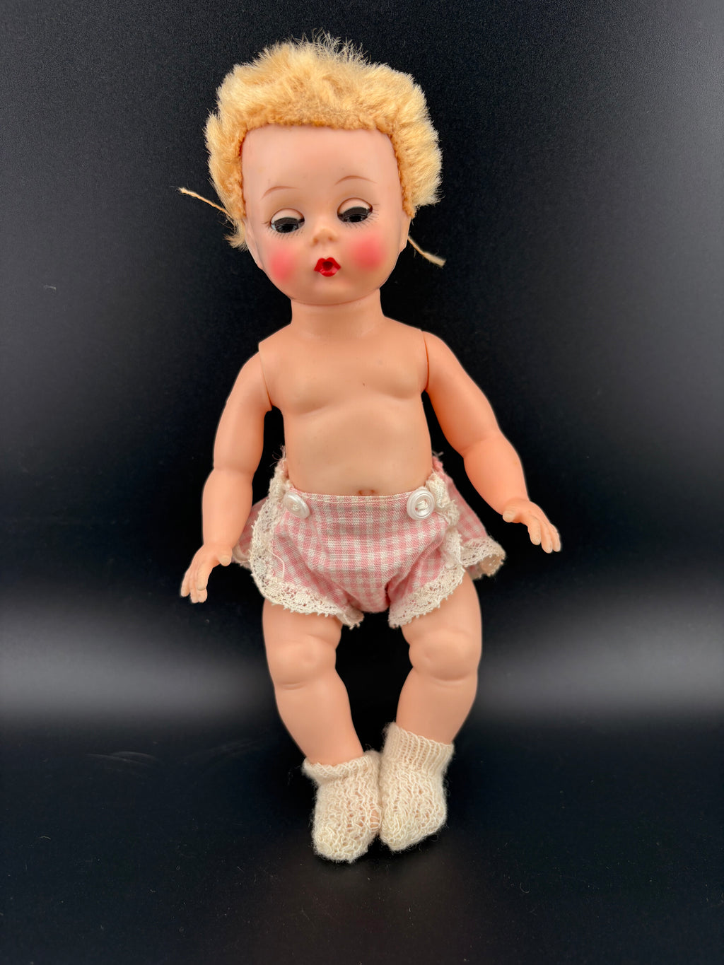 Rare MCM Cutie! Vintage Blonde Baby Doll w/ Sleepy Eyes & Pink Gingham Bloomers