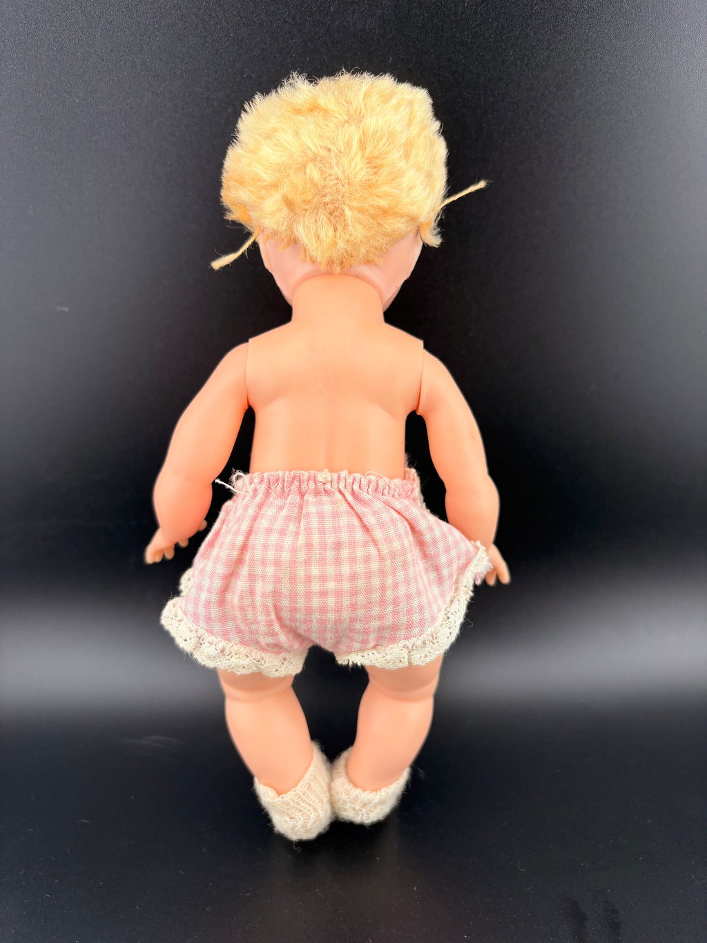 Rare MCM Cutie! Vintage Blonde Baby Doll w/ Sleepy Eyes & Pink Gingham Bloomers