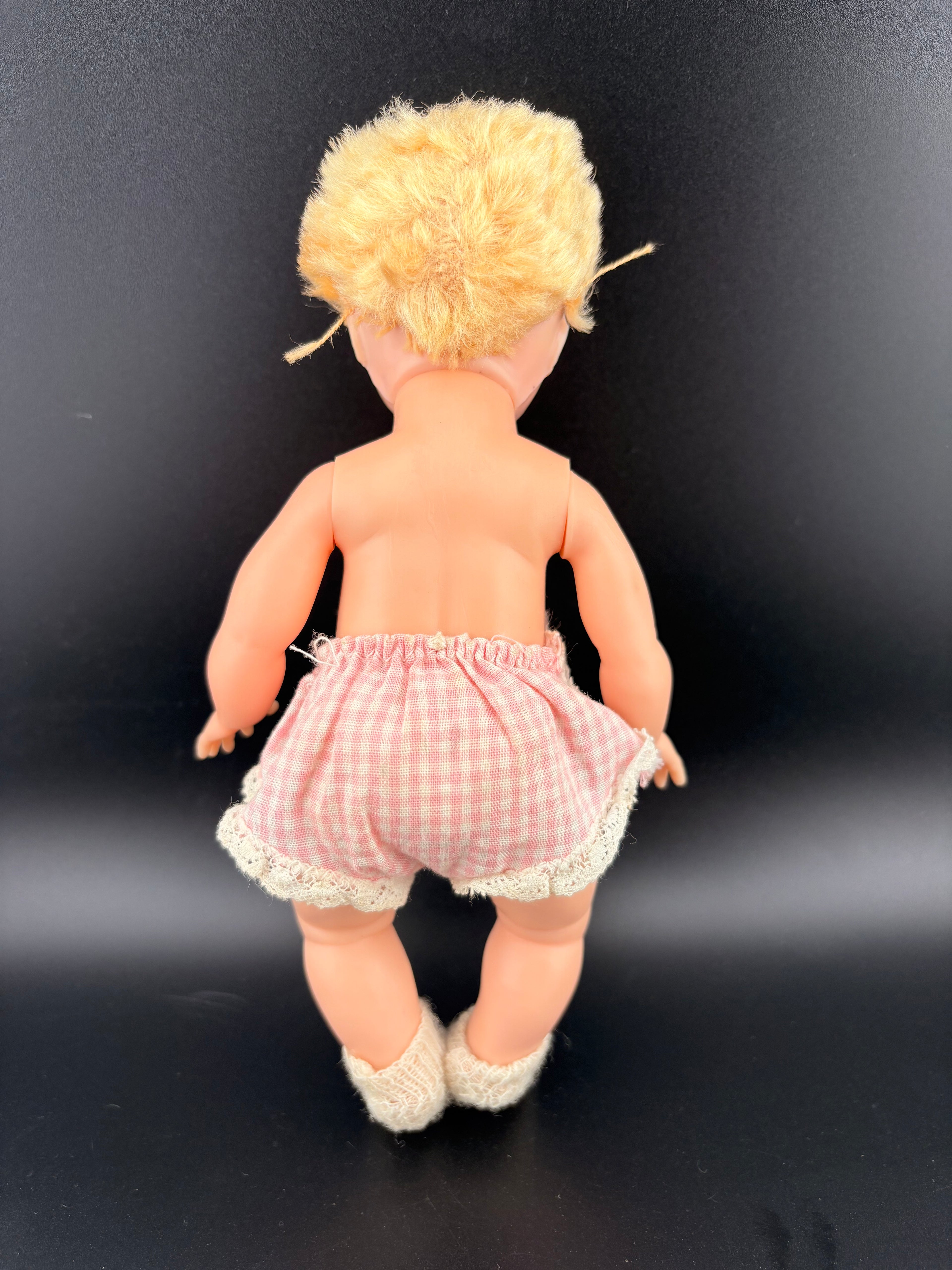 Rare MCM Cutie! Vintage Blonde Baby Doll w/ Sleepy Eyes & Pink Gingham Bloomers