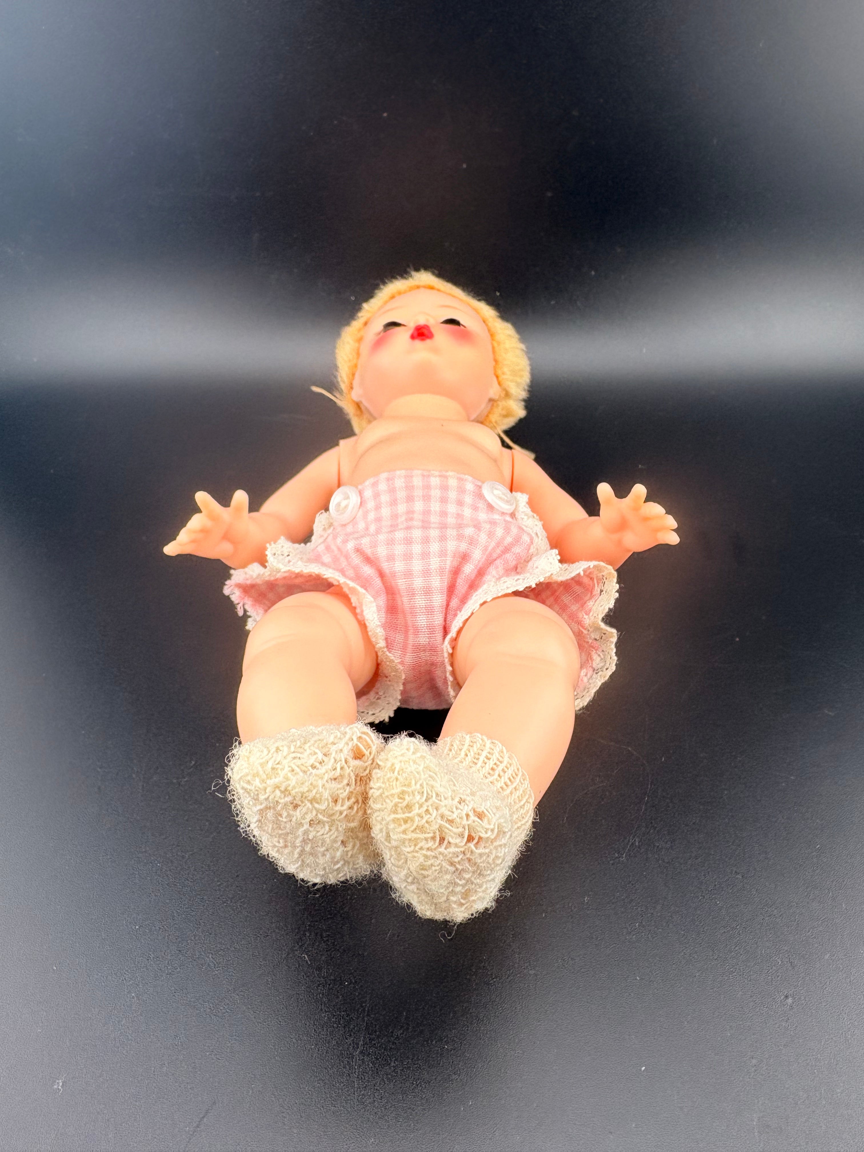 Rare MCM Cutie! Vintage Blonde Baby Doll w/ Sleepy Eyes & Pink Gingham Bloomers