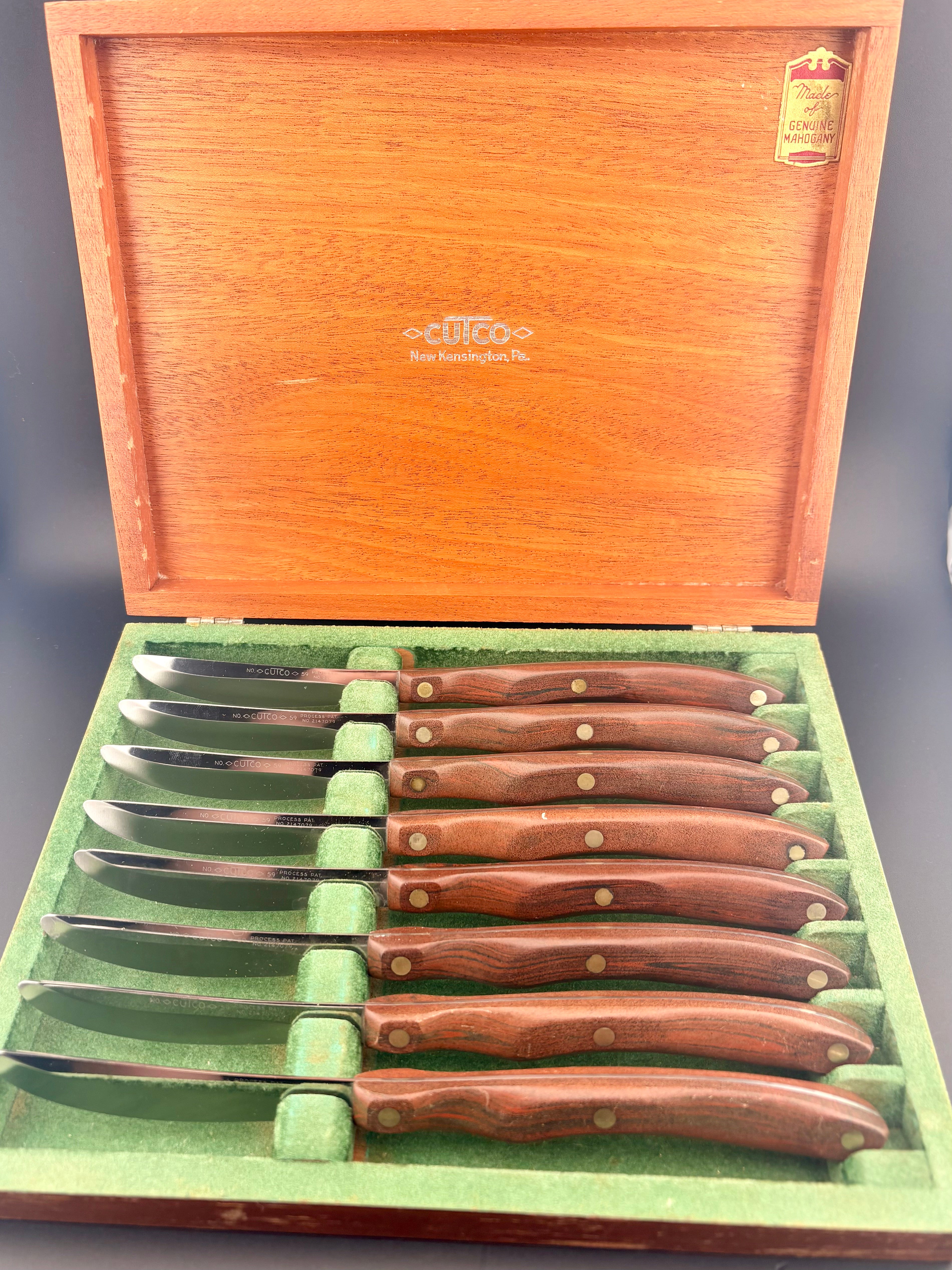 8pc CUTCO No. 59 Steak Knife Set Genuine Mahogany Wood Box High Carbon Steel USA