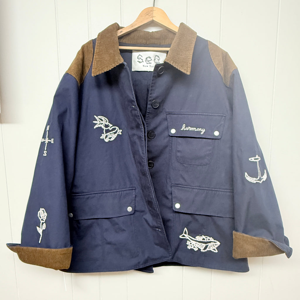 NWT Sea New York Navy Blue Utility Jacket Corduroy Trim Nautical Embroidered Oversized M/L