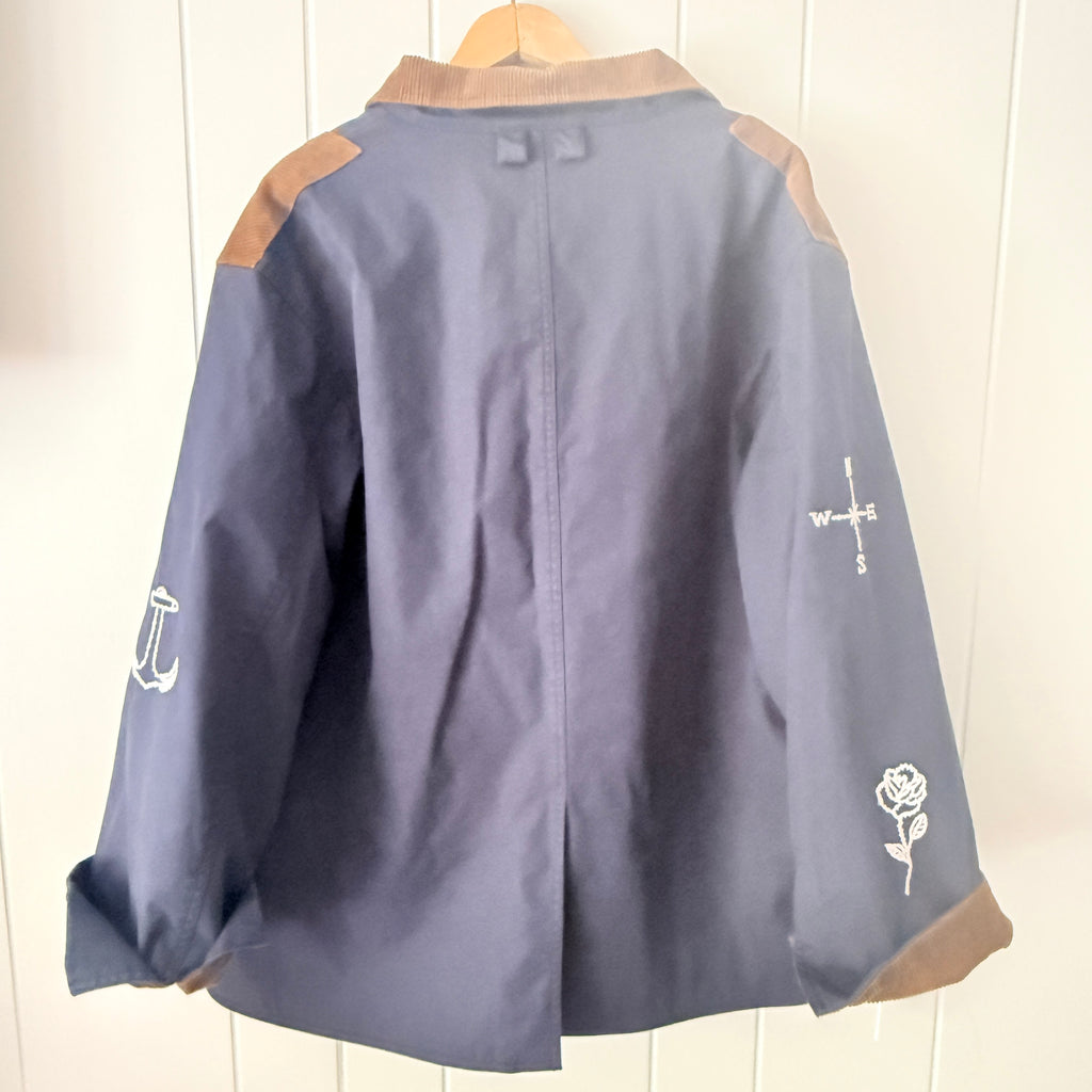 NWT Sea New York Navy Blue Utility Jacket Corduroy Trim Nautical Embroidered Oversized M/L
