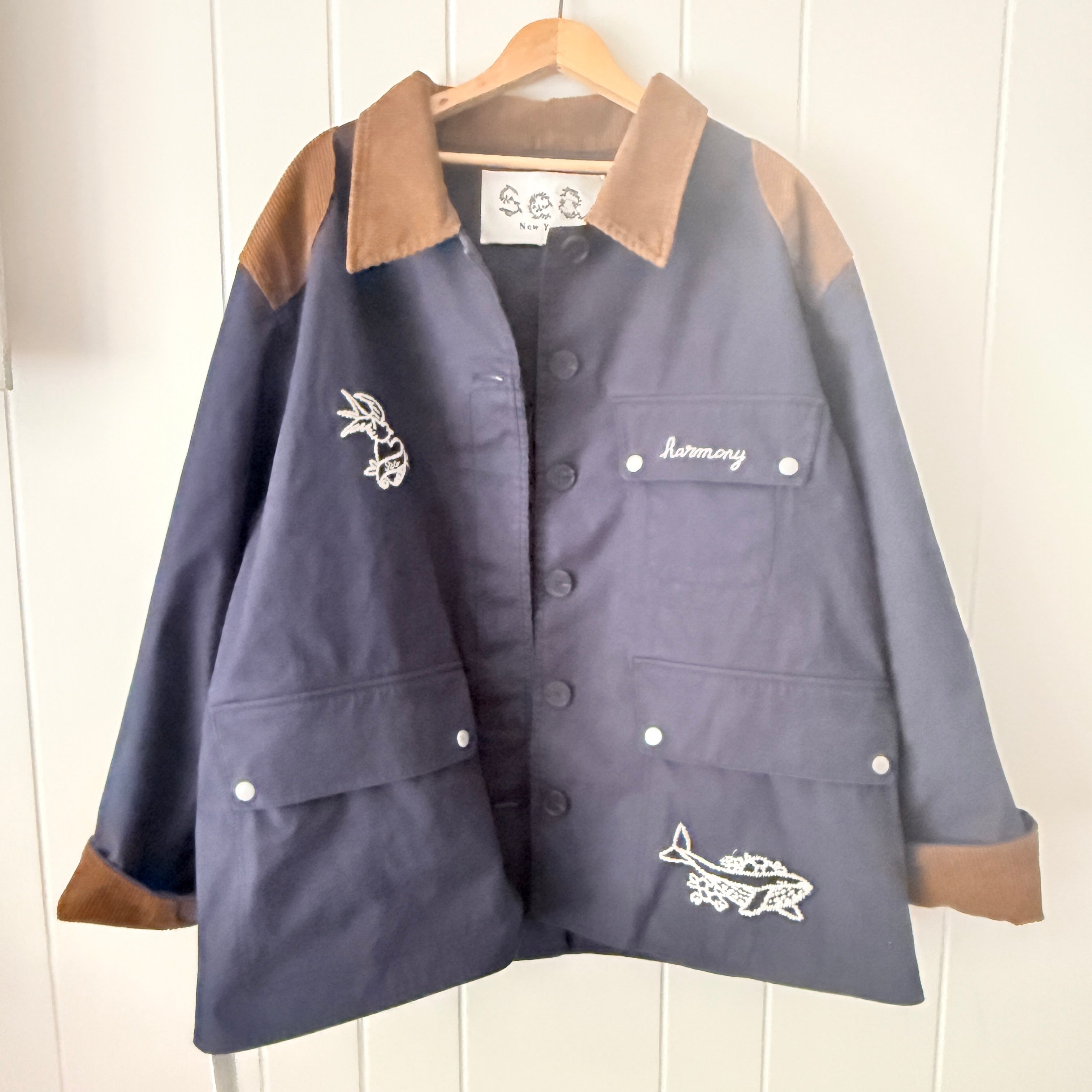 NWT Sea New York Navy Blue Utility Jacket Corduroy Trim Nautical Embroidered Oversized M/L