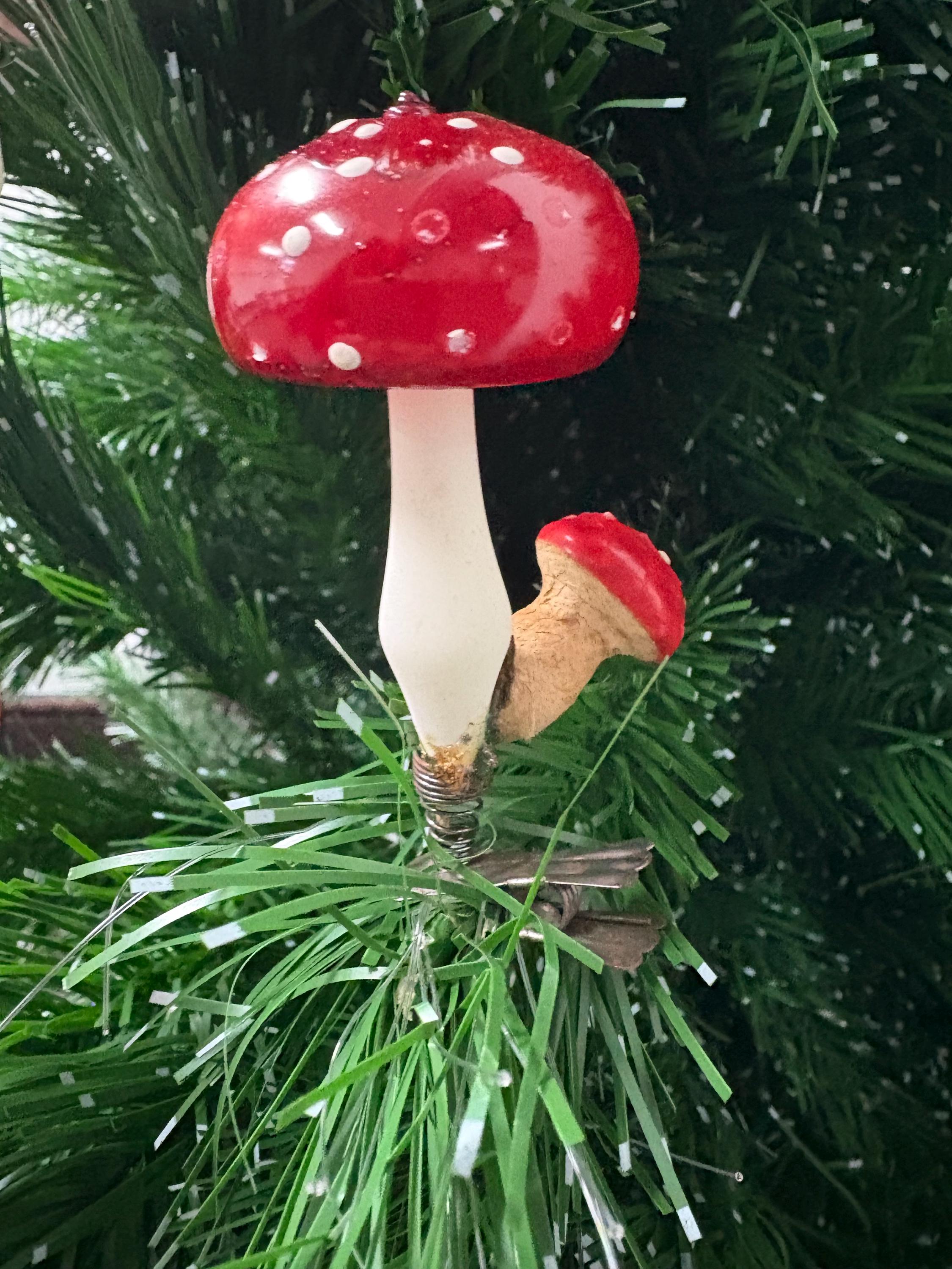 German Glass Red Mushroom Clip Ornament circa 1930s Toadstool Glass ornament