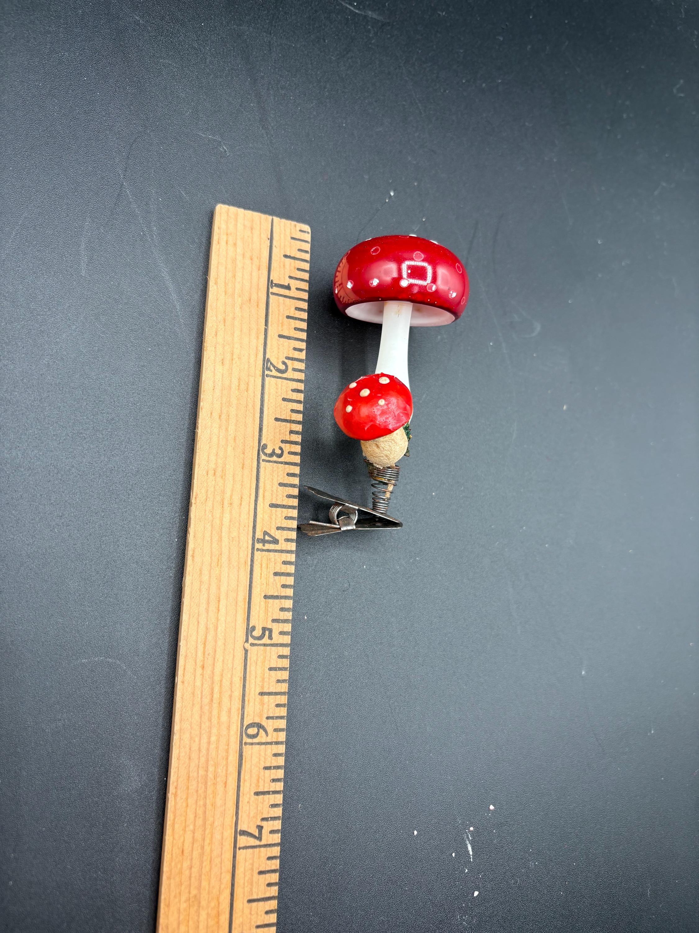 German Glass Red Mushroom Clip Ornament circa 1930s Toadstool Glass ornament