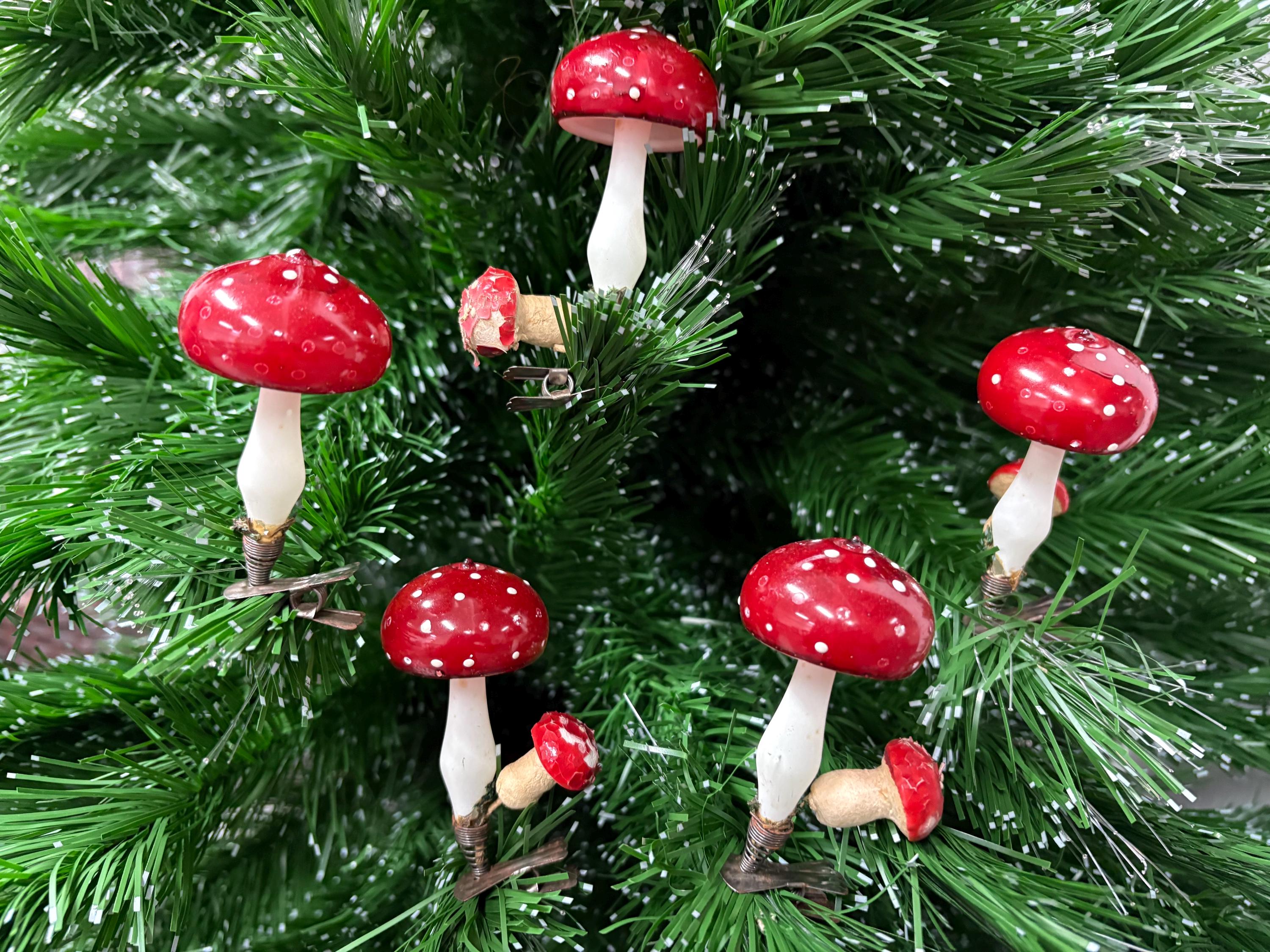 German Glass Red Mushroom Clip Ornament circa 1930s Toadstool Glass ornament