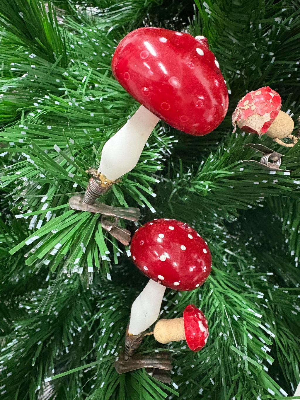 German Glass Red Mushroom Clip Ornament circa 1930s Toadstool Glass ornament