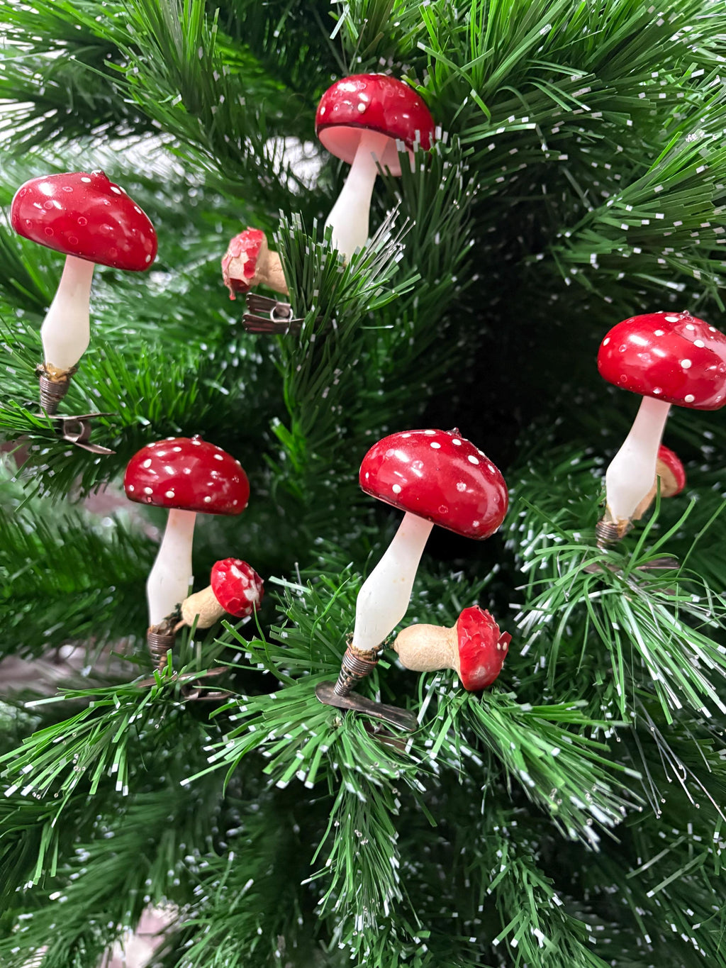 German Glass Red Mushroom Clip Ornament circa 1930s Toadstool Glass ornament