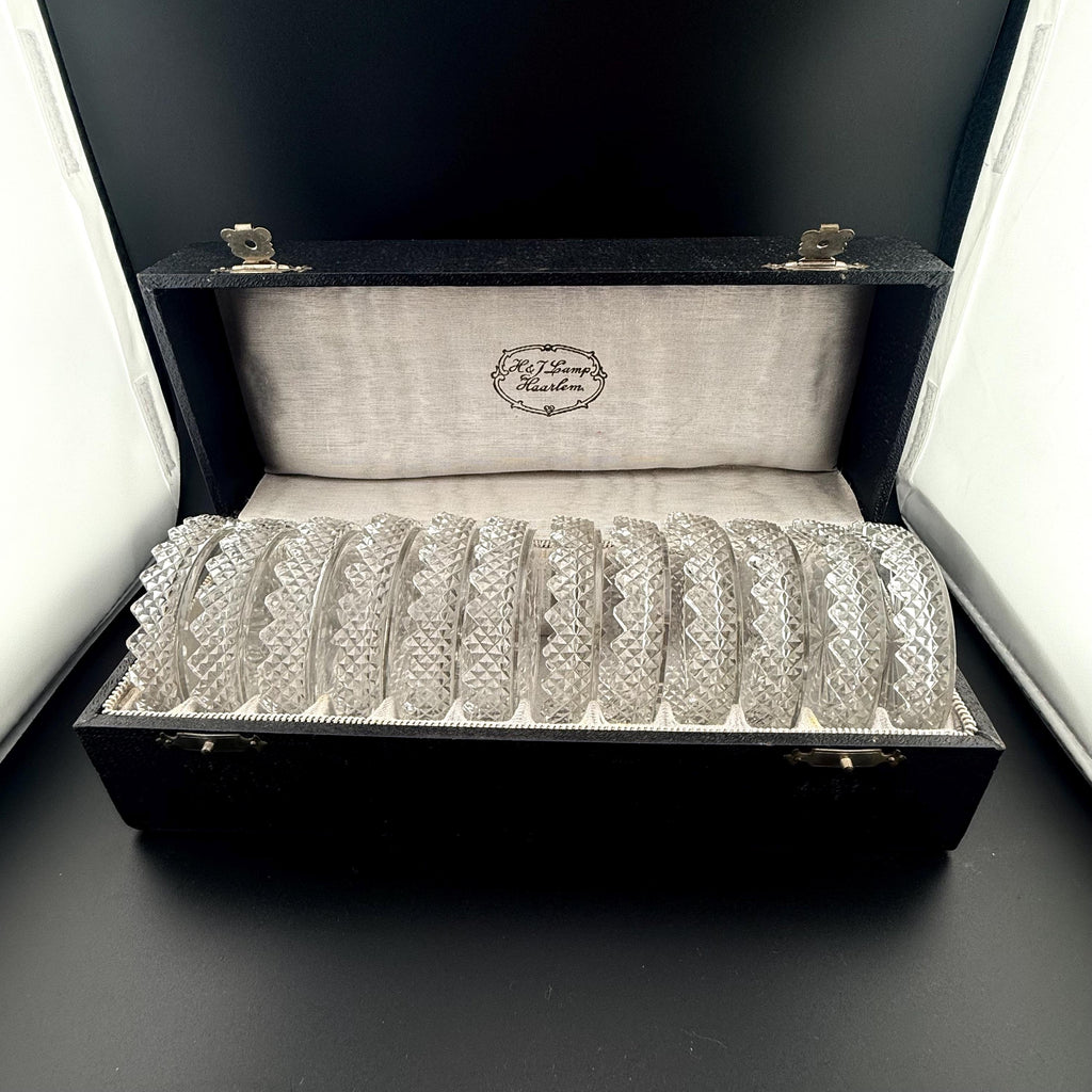 Antique-Style Starburst & Diamond Cut Crystal Coasters – Scalloped Edge Glass Protectors with Original Vintage Case