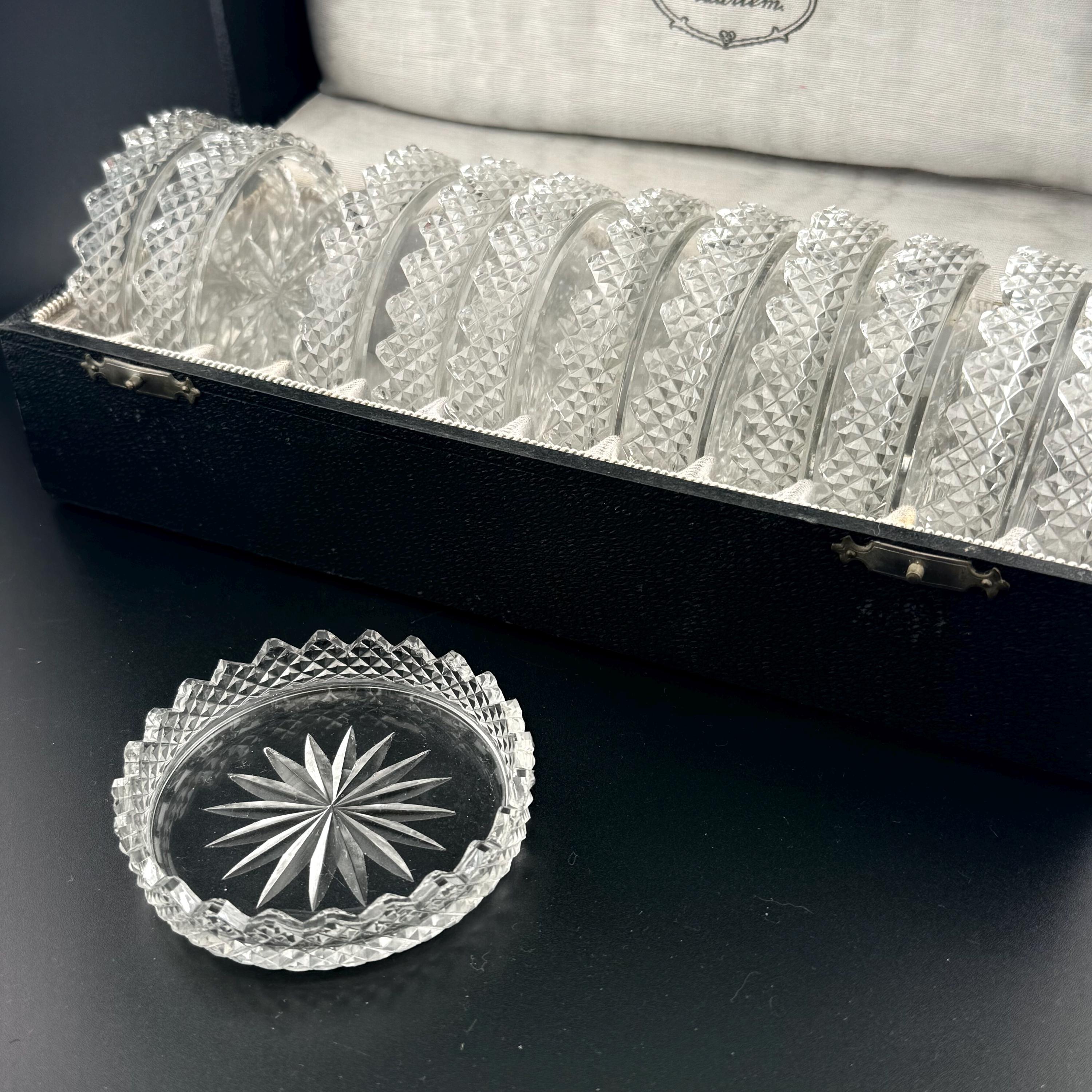 Antique-Style Starburst & Diamond Cut Crystal Coasters – Scalloped Edge Glass Protectors with Original Vintage Case