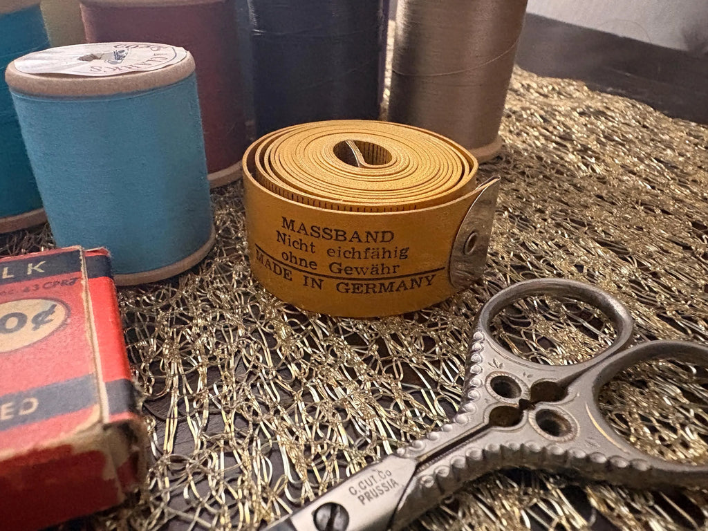 Vintage Wooden Spools with Thread, Tailors Chalk, German Measuring Tape & Ornamental Sewing Shears