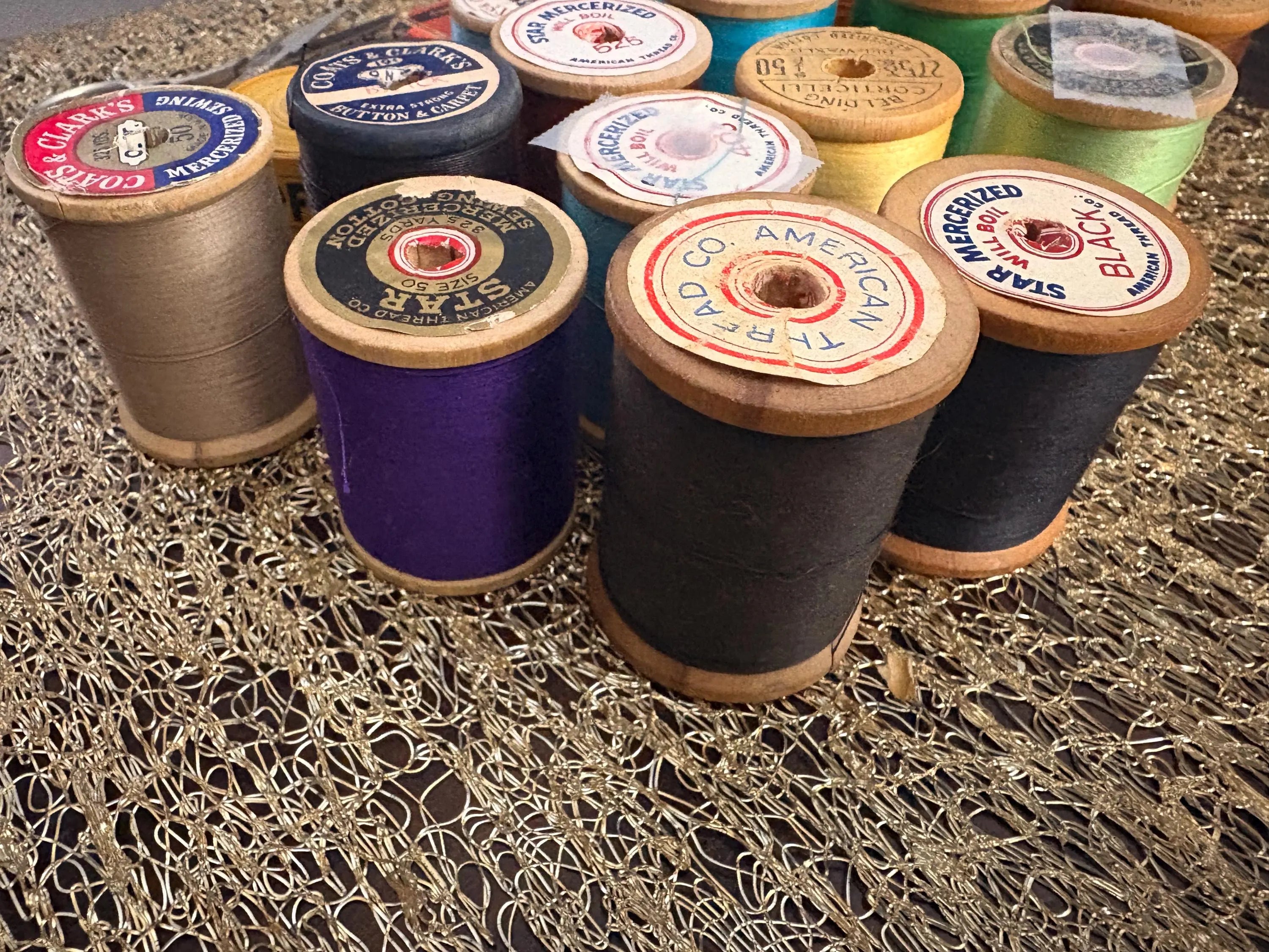 Vintage Wooden Spools with Thread, Tailors Chalk, German Measuring Tape & Ornamental Sewing Shears