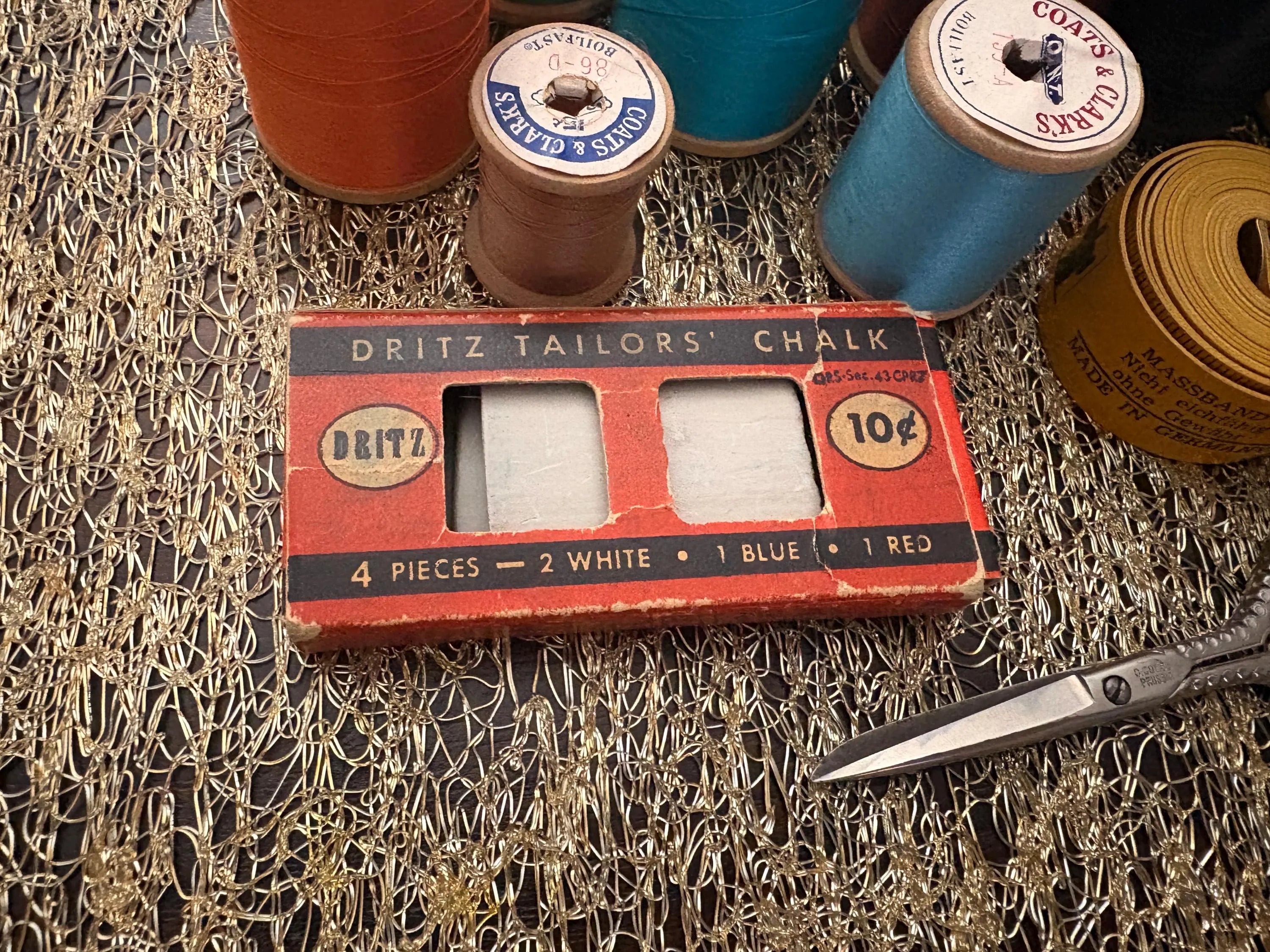 Vintage Wooden Spools with Thread, Tailors Chalk, German Measuring Tape & Ornamental Sewing Shears