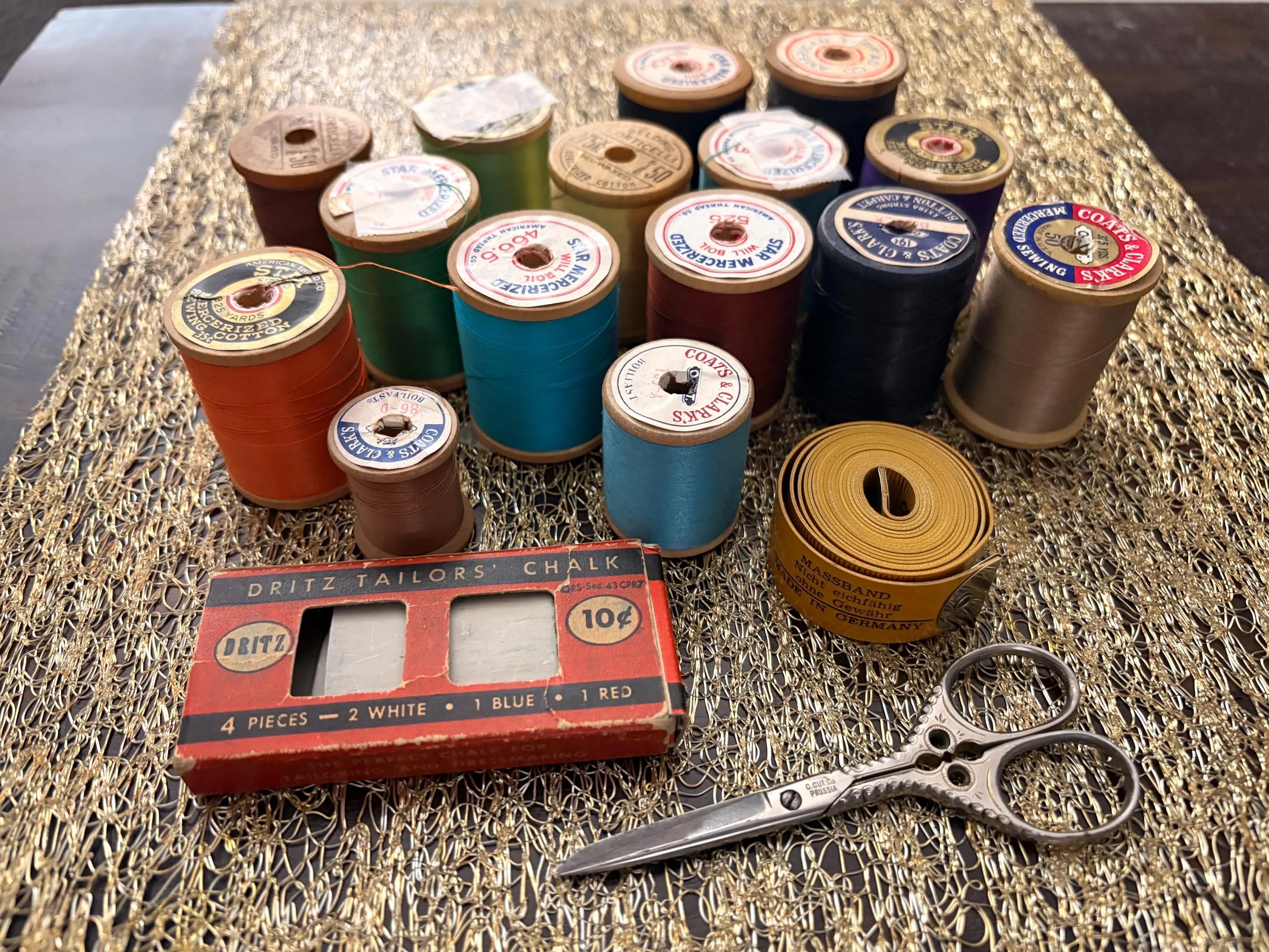 Vintage Wooden Spools with Thread, Tailors Chalk, German Measuring Tape & Ornamental Sewing Shears