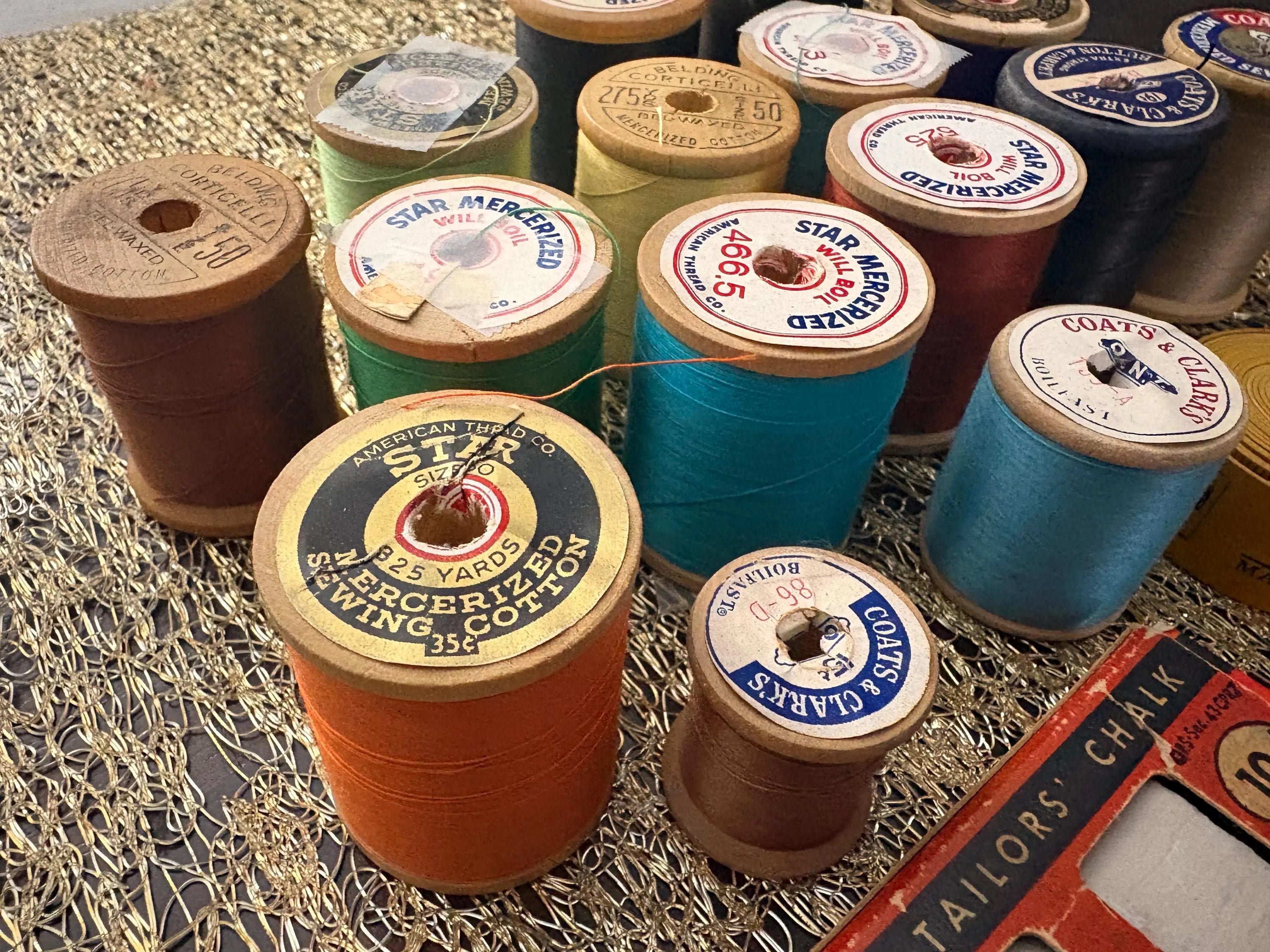 Vintage Wooden Spools with Thread, Tailors Chalk, German Measuring Tape & Ornamental Sewing Shears
