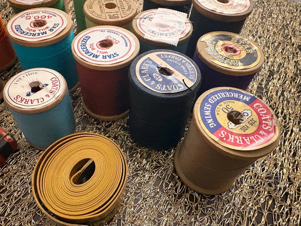 Vintage Wooden Spools with Thread, Tailors Chalk, German Measuring Tape & Ornamental Sewing Shears