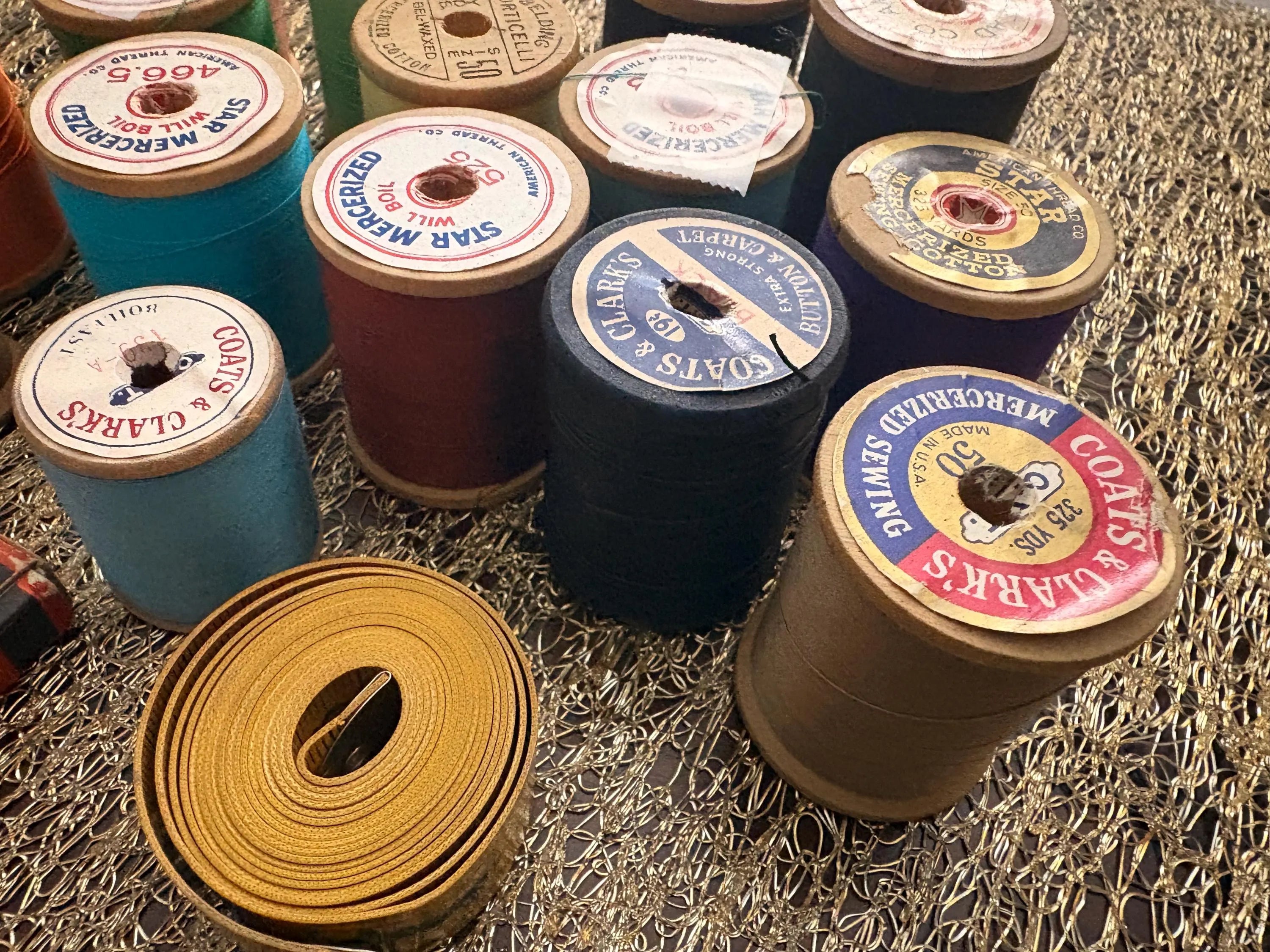 Vintage Wooden Spools with Thread, Tailors Chalk, German Measuring Tape & Ornamental Sewing Shears