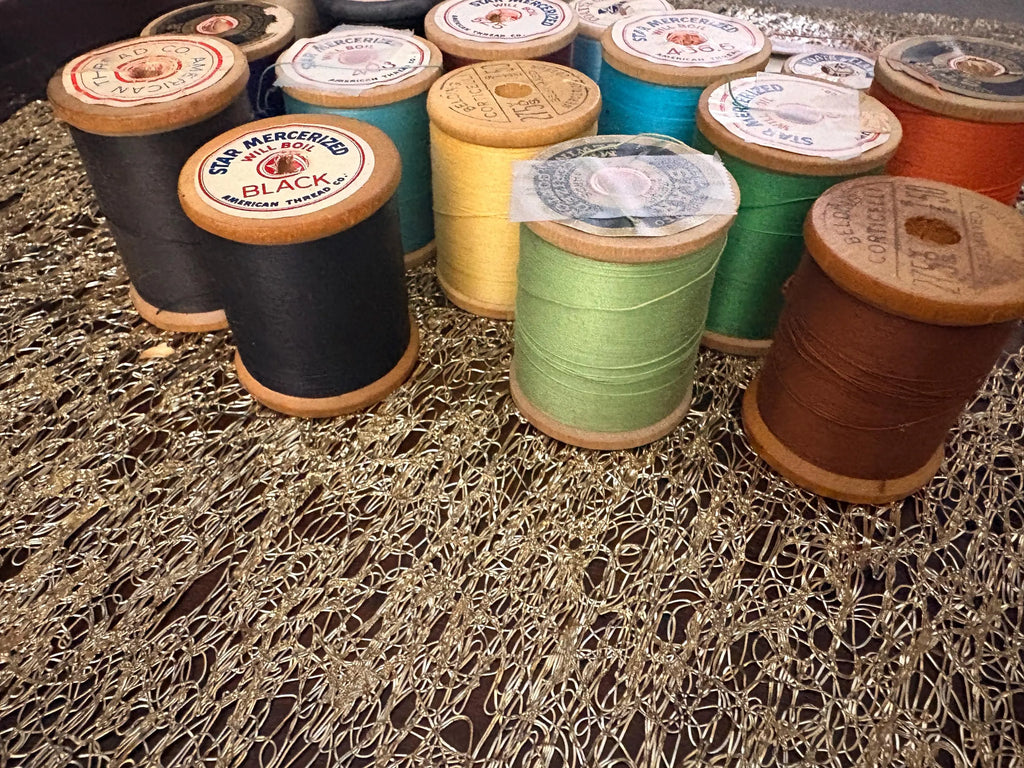 Vintage Wooden Spools with Thread, Tailors Chalk, German Measuring Tape & Ornamental Sewing Shears