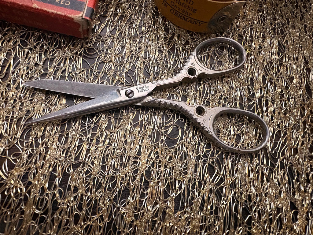 Vintage Wooden Spools with Thread, Tailors Chalk, German Measuring Tape & Ornamental Sewing Shears
