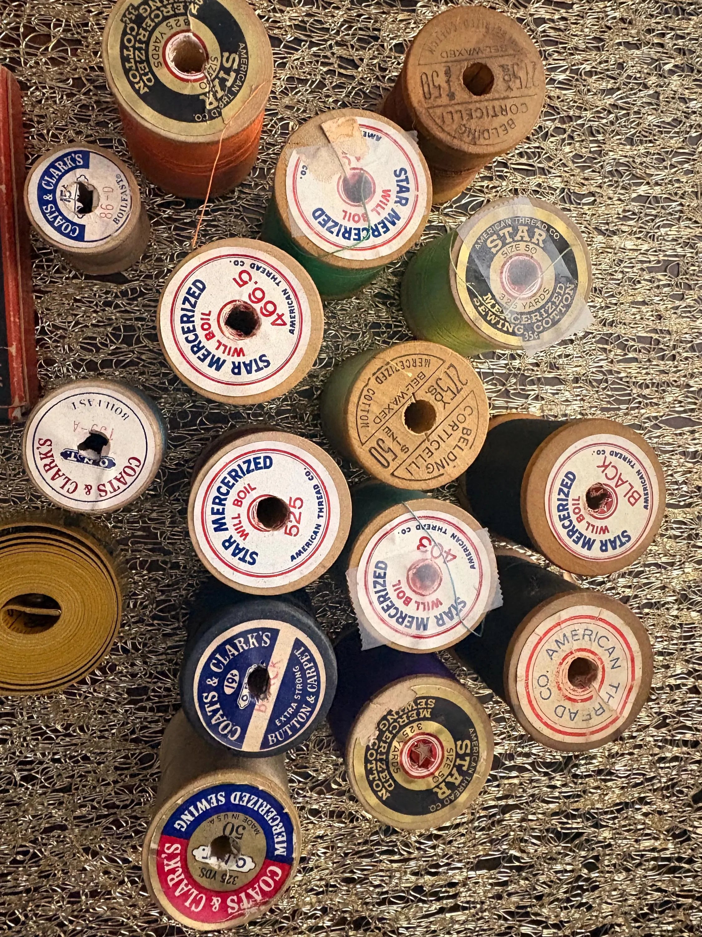 Vintage Wooden Spools with Thread, Tailors Chalk, German Measuring Tape & Ornamental Sewing Shears