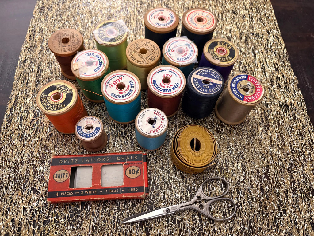 Vintage Wooden Spools with Thread, Tailors Chalk, German Measuring Tape & Ornamental Sewing Shears