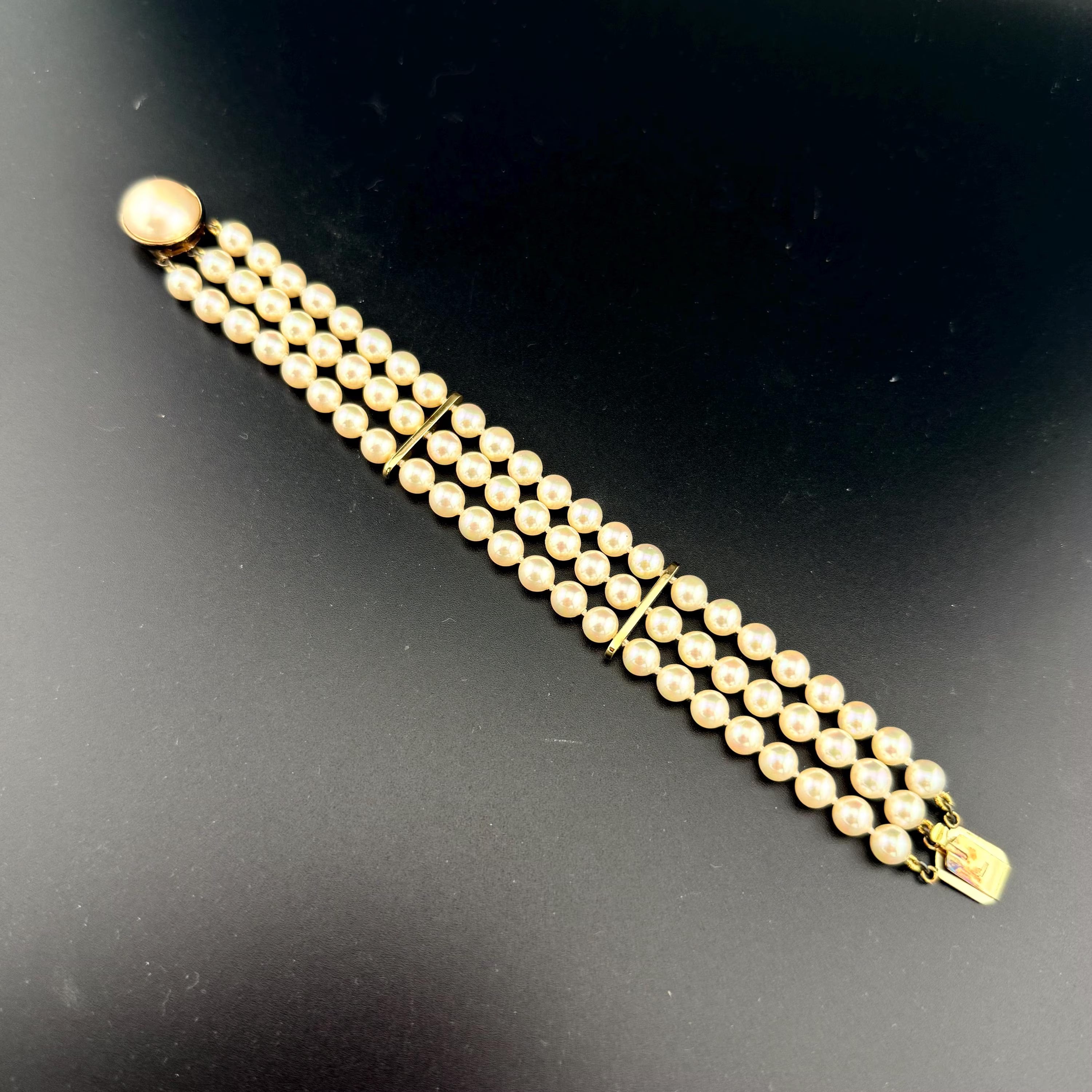 Vintage Triple Strand Majorica Pearl Bracelet - Mid-Century Spanish Glamour - Original Red Case Included